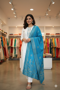 Premium White Silk Cotton Suit with Blue Dupatta