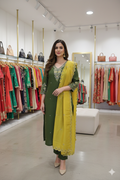 Olive Green Embroidered Suit with Yellow Dupatta